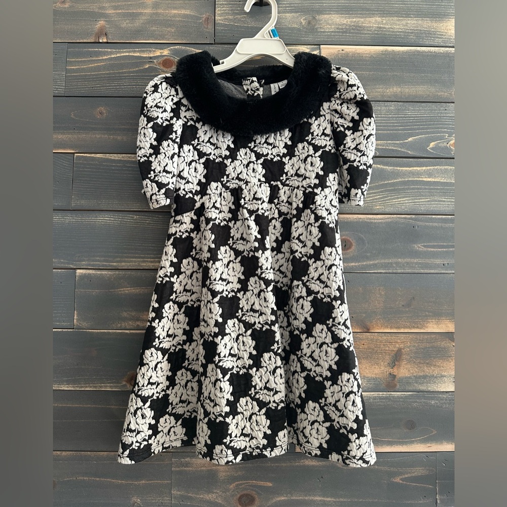 Janie and Jack Black and Cream Floral Dress w/ Faux Fur Collar